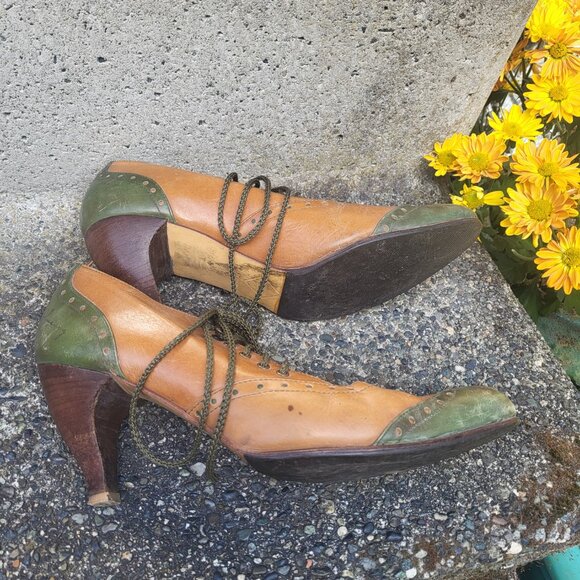 John Fleuvog Leather Lace ups Heels Size 8.5 Vintage Green and Brown Shoes - Picture 3 of 12